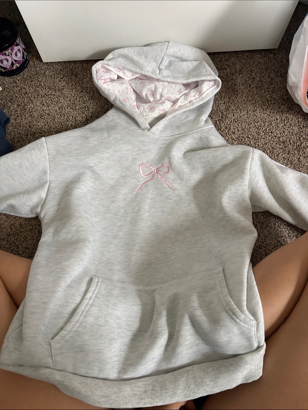 Light Gray Hoodie with Pink Bow Embroidery